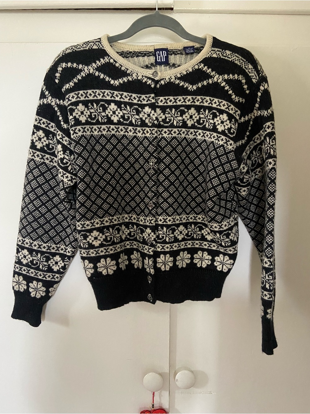 Vintage GAP Black & Cream Nordic Knit Wool Cardigan Medium